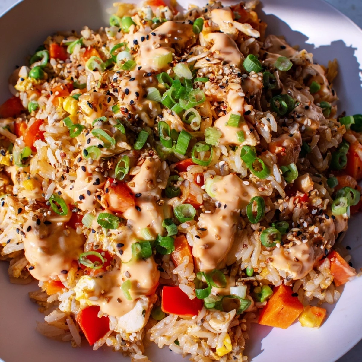 Golden fried rice tossed with tender chicken, crunchy bell peppers, and peas, coated in creamy Bang Bang sauce.