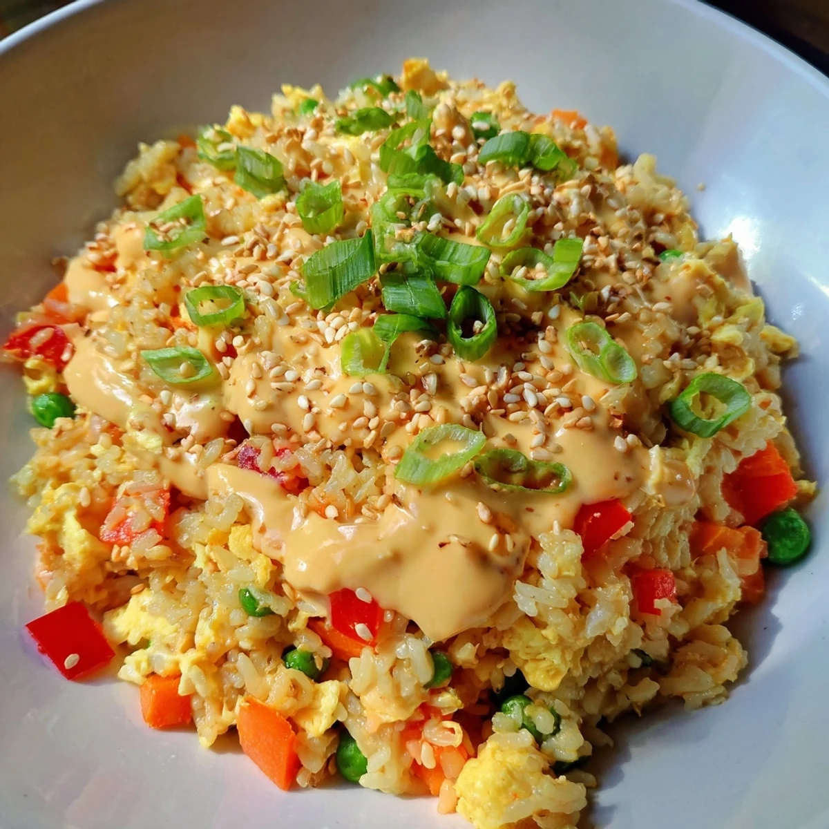 Sizzling Bang Bang Fried Rice features fluffy jasmine grains, vibrant vegetables, and a drizzle of spicy mayonnaise sauce.