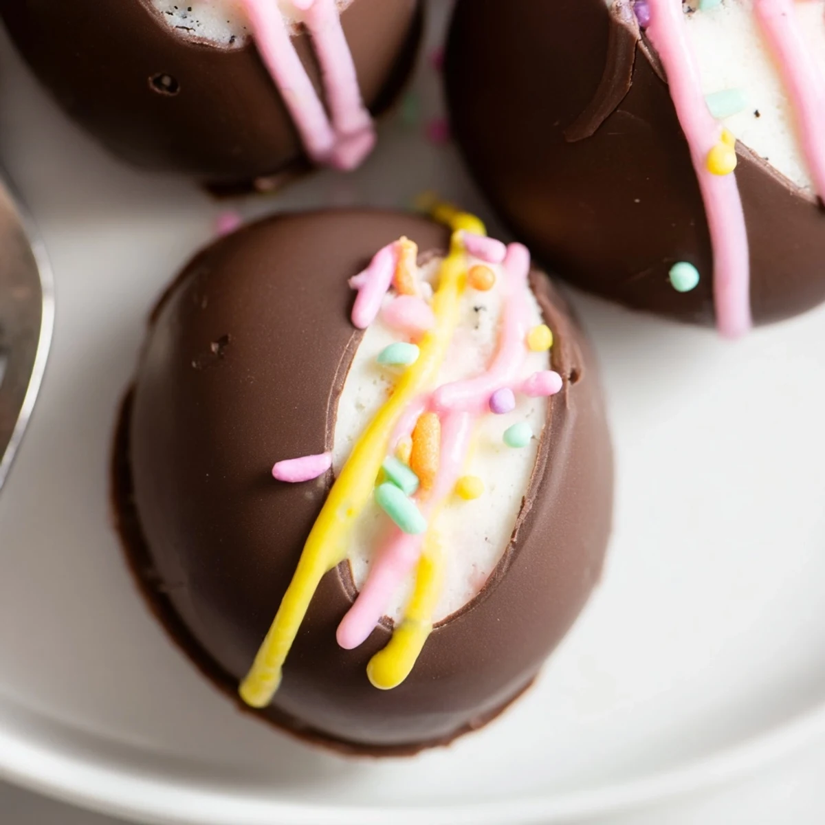 Easter Egg Oreo Balls sit on a white plate, their smooth chocolate coating glistening under soft spring lighting.  