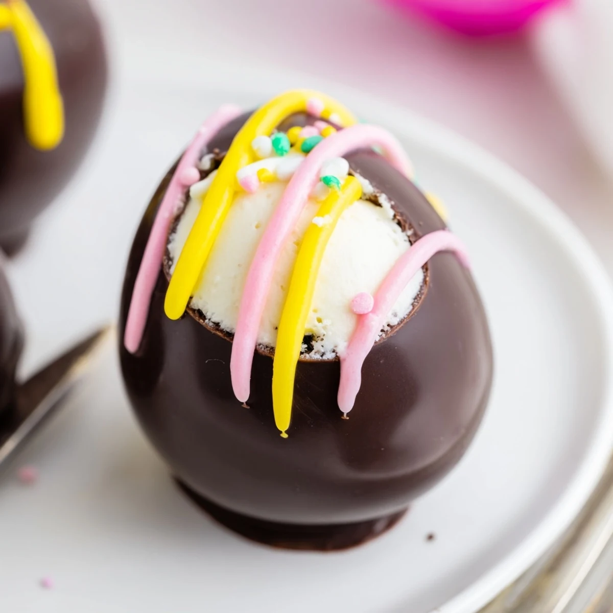 Close-up of Easter Egg Oreo Balls with colorful sprinkles, served on a pastel dessert tray for a festive touch.  