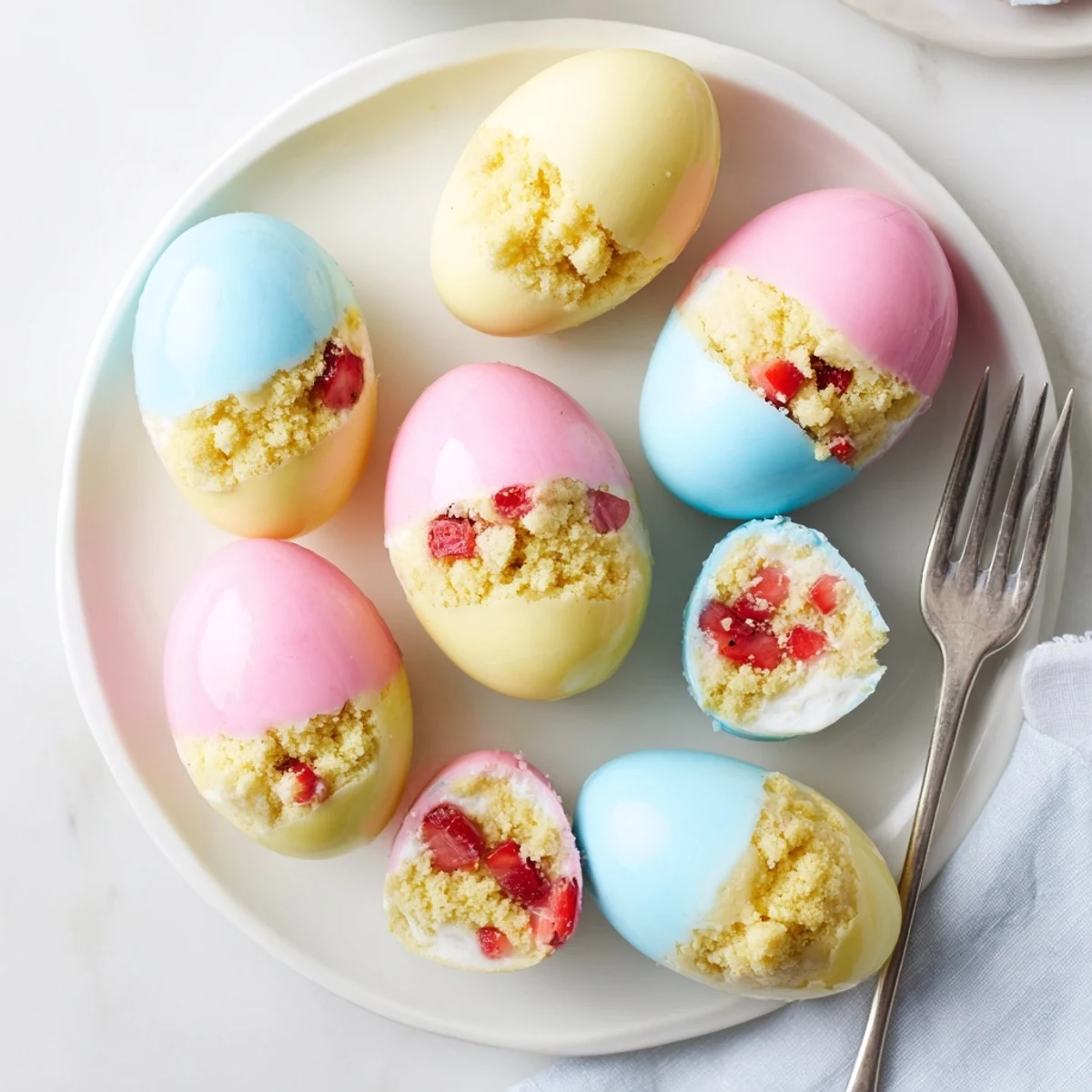 Golden-brown shortcake crumbs, fresh diced strawberries, and fluffy whipped cream fill a pastel white chocolate Easter egg bomb on a pastel backdrop.