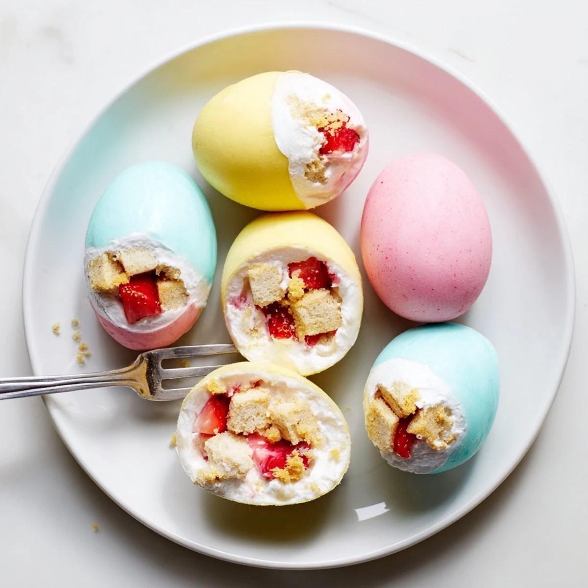 Close-up of a sliced Strawberry Shortcake Easter Egg Bomb revealing layers of crumbled cake, macerated strawberries, and sweet whipped cream filling.