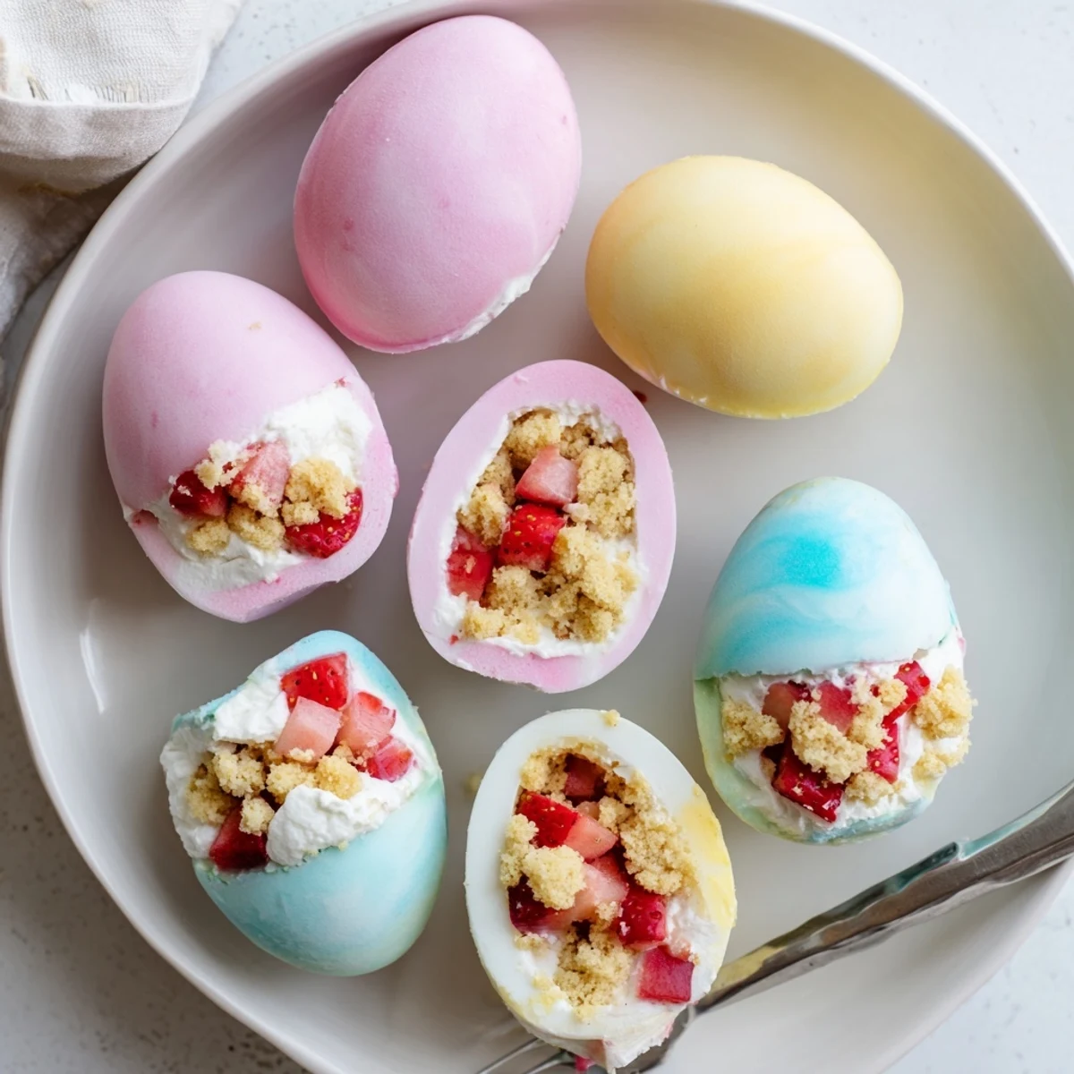 Hand holding a finished Strawberry Shortcake Easter Egg Bomb, with more treats and spring decor visible in the background.