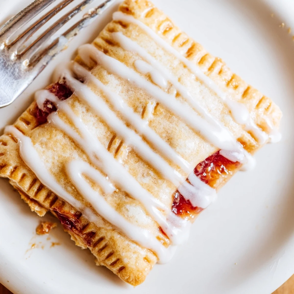 Golden-brown Protein Pop Tarts with vanilla icing drizzle sit on a cooling rack, revealing fruity jam peeking from the edges.