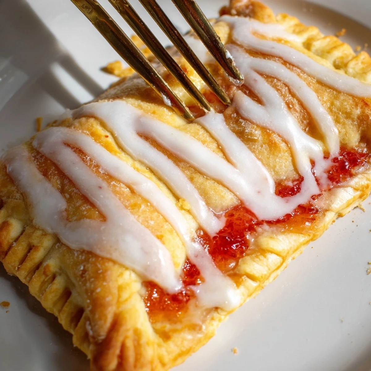 A close-up view of Protein Pop Tarts shows a tender, flaky pastry dusted with sugar, served on a white plate with coffee.