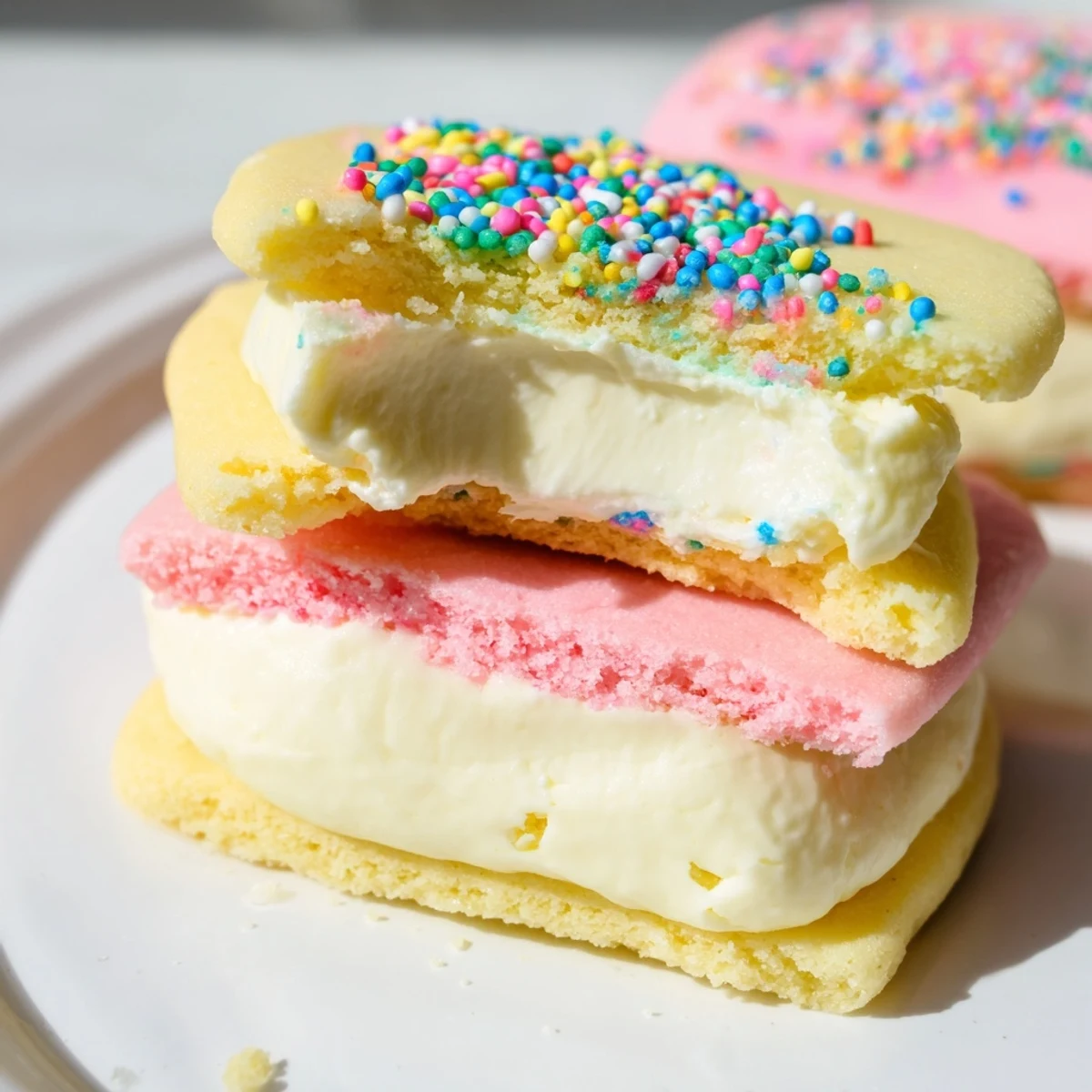 Pastel Sugar Cookie Sandwiches stacked high with pink, yellow, and blue buttercream filling, ready for an Easter dessert spread.
