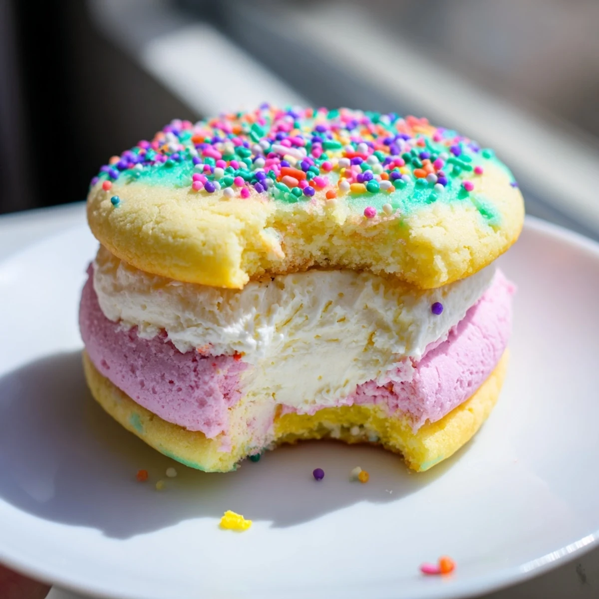 Hand holding a Pastel Sugar Cookie Sandwiches over a tray, showing pastel colors and sprinkles on the edges.