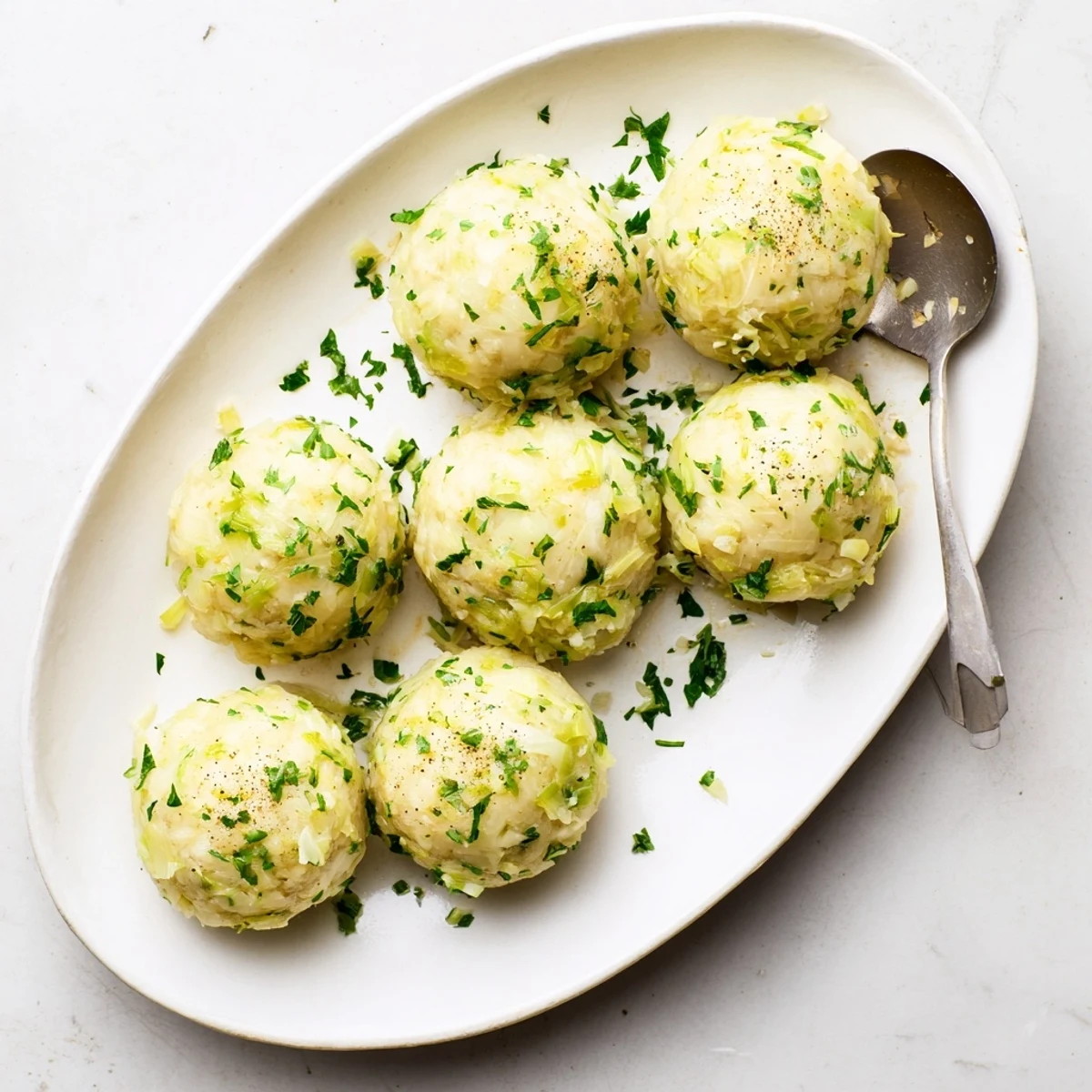 German Cabbage Dumplings simmering in broth, with tender cabbage and parsley visible on a rustic plate.