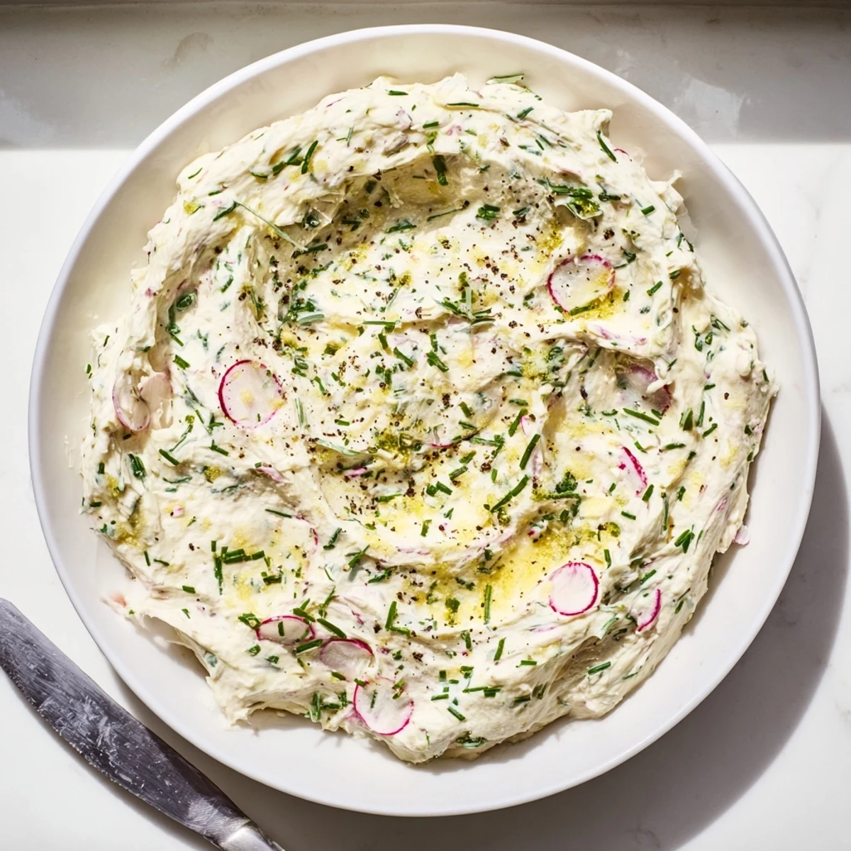 A creamy bowl of Simple Easter Herb Cheese Dip topped with parsley, ready for a festive Easter appetizer spread.