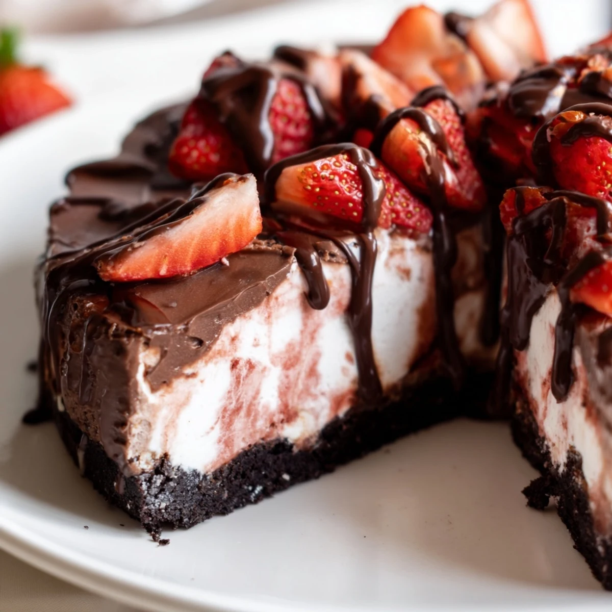 A decadent slice of Chocolate Covered Strawberry Cheesecake showcases the rich chocolate cookie crust and fresh strawberry garnish.