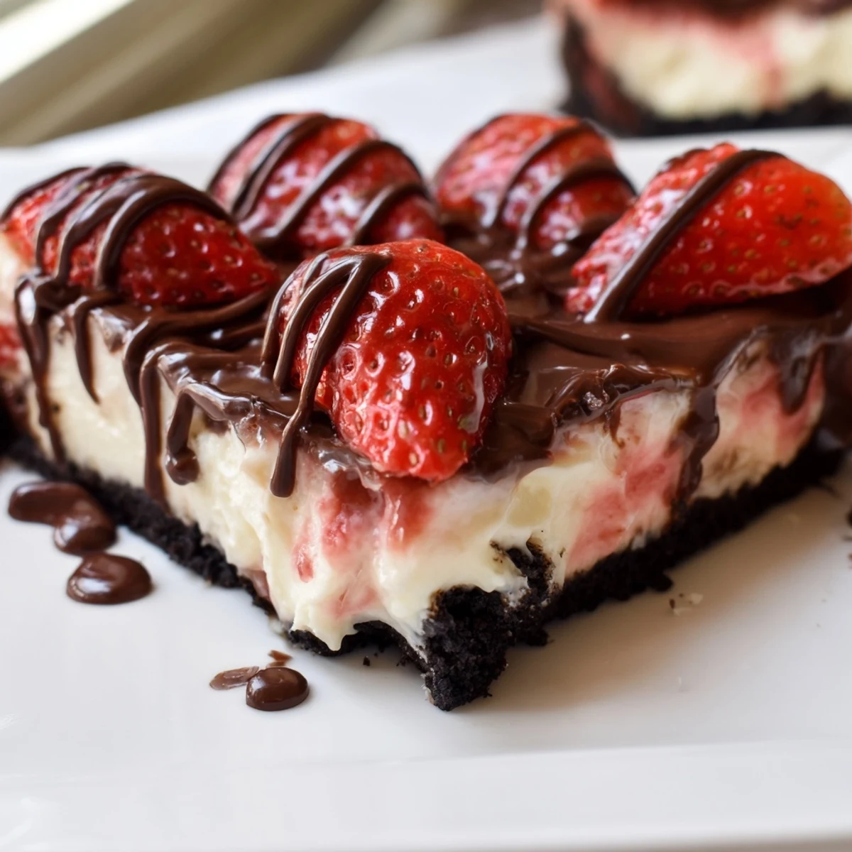 Velvety Chocolate Covered Strawberry Cheesecake features a creamy filling with silky ganache and halved strawberries on top.