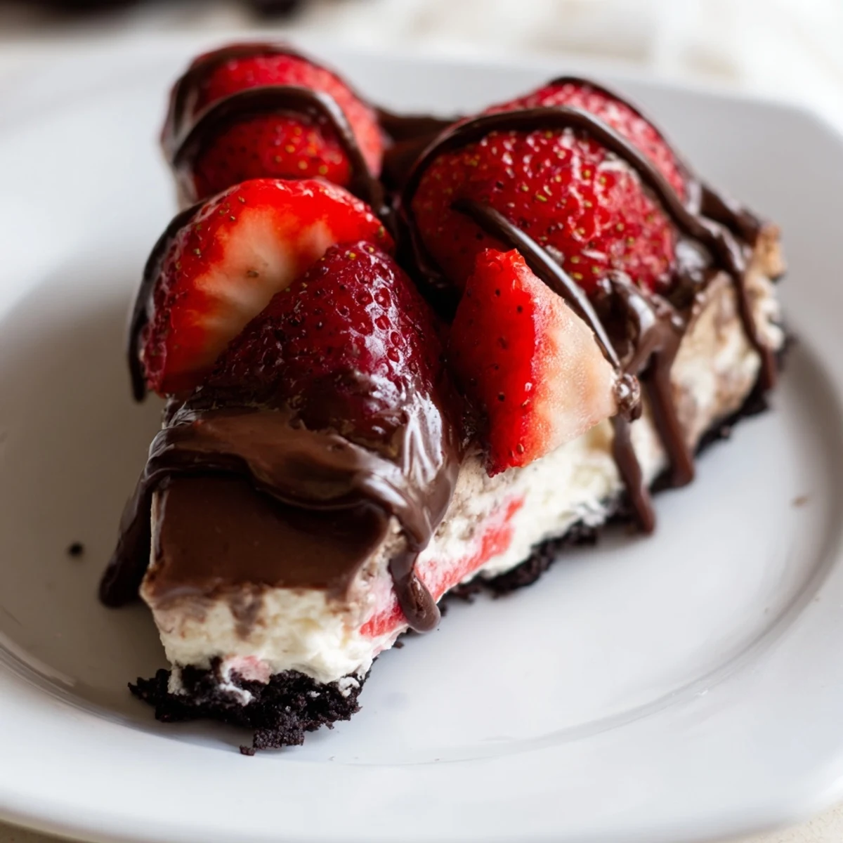 Indulgent Chocolate Covered Strawberry Cheesecake sits ready to serve with a dark chocolate drizzle and chocolate cookie base.