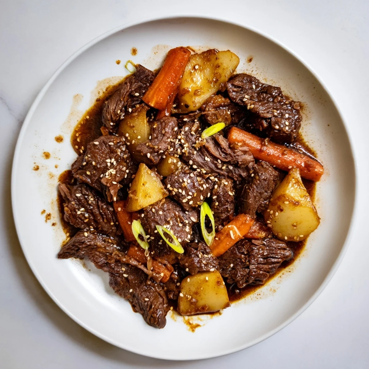 Korean Style Pot Roast with tender beef and carrots in a glossy, savory-sweet sauce, served on a platter.