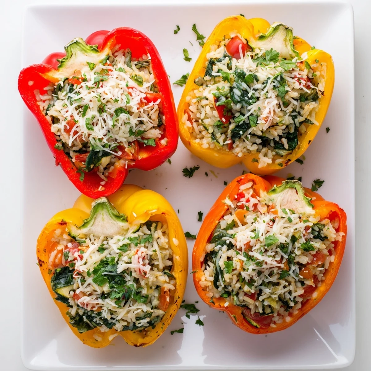Freshly baked vegetarian stuffed bell peppers filled with savory rice, vegetables, and melted cheese, served warm from the oven.