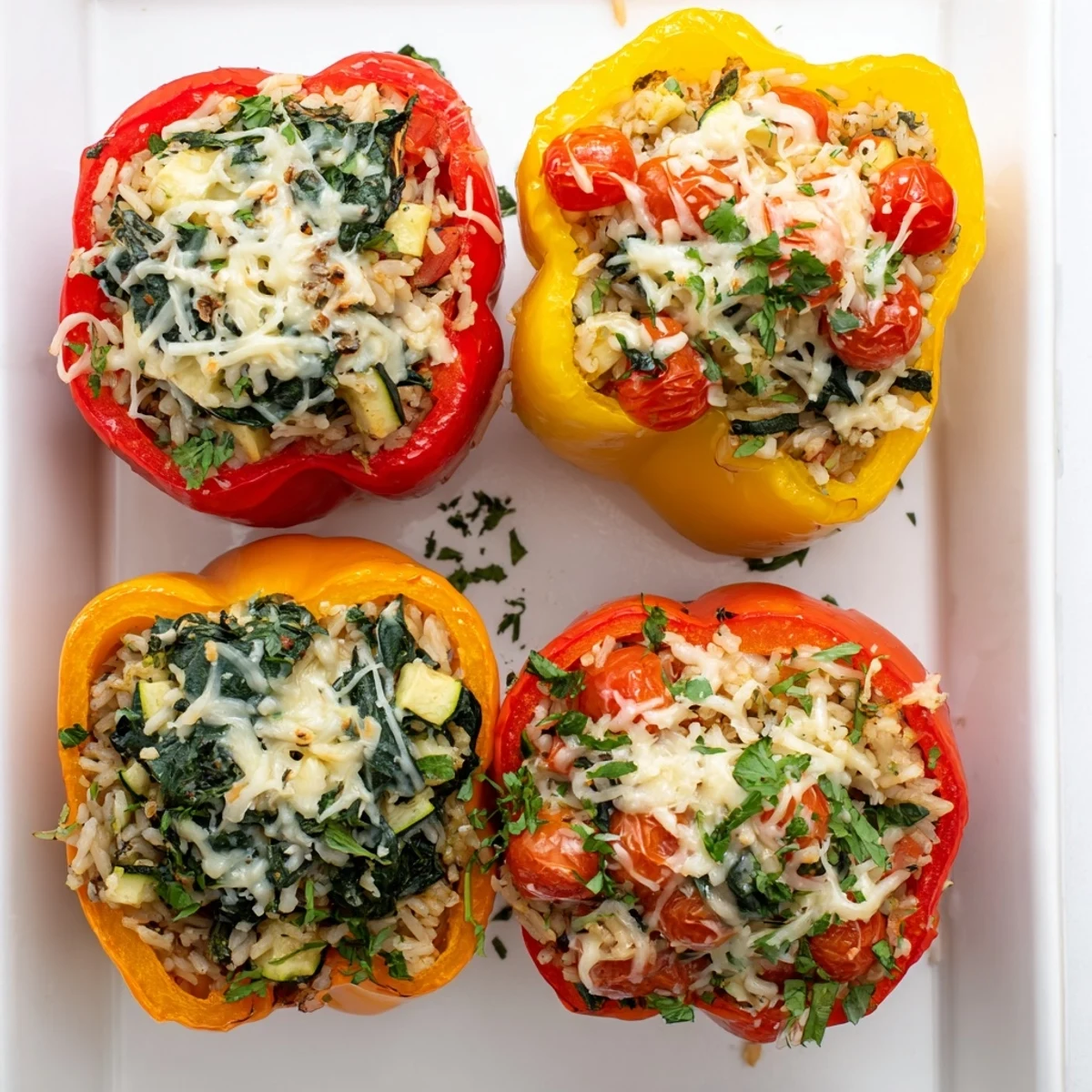 Colorful bell peppers stuffed with a savory blend of rice, zucchini, tomatoes, and spinach, topped with golden bubbling mozzarella cheese.