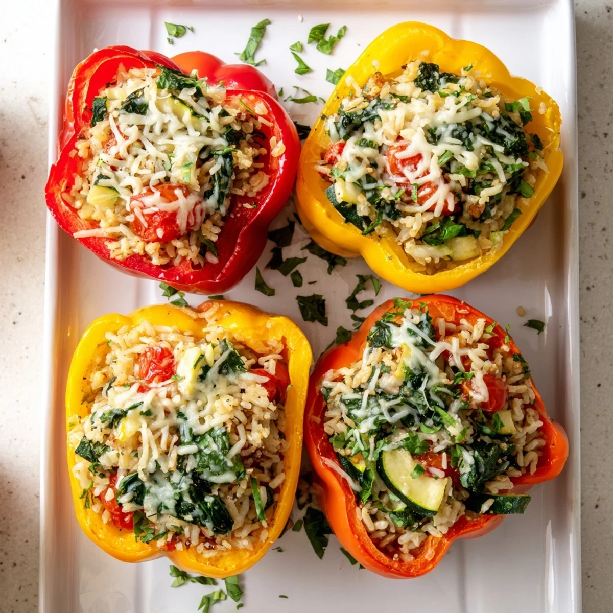 Hearty vegetarian stuffed bell peppers plated with a crisp green salad and crusty bread, perfect for a wholesome Mediterranean dinner.