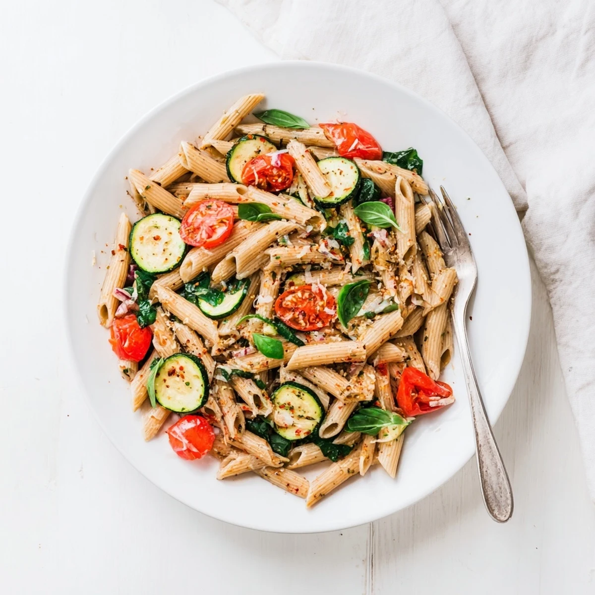 A close-up of Healthy Tomato Zucchini Pasta twirled on a fork, with vibrant green zucchini slices and burst cherry tomatoes glistening in olive oil.
