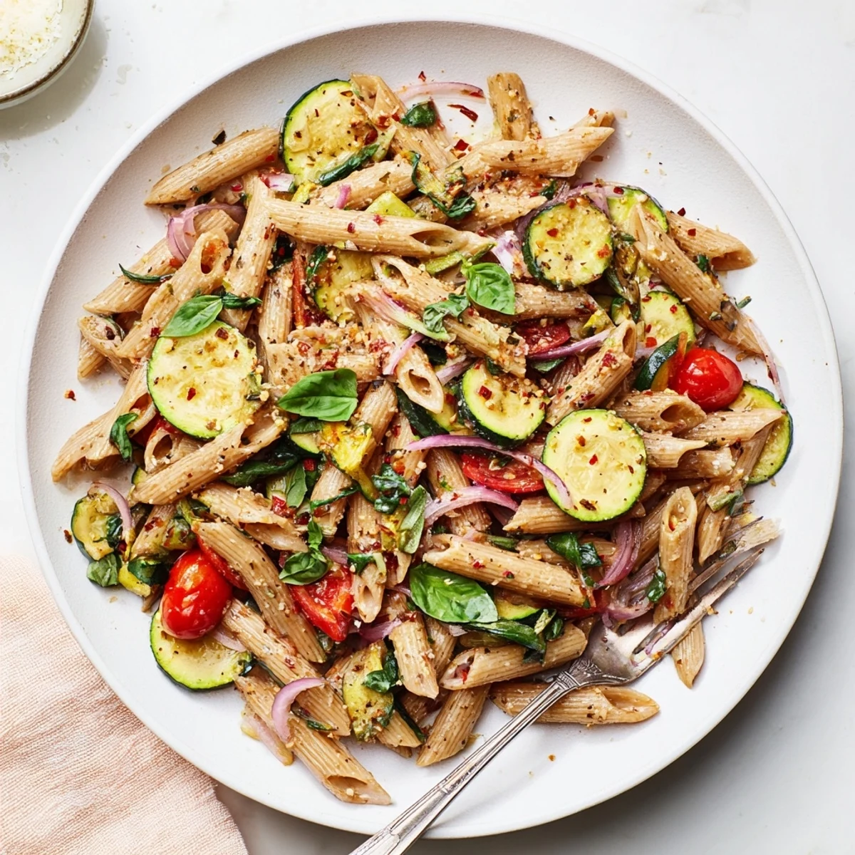 Overhead view of Healthy Tomato Zucchini Pasta in a skillet, featuring sautéed vegetables and whole wheat noodles tossed in a light, aromatic herb sauce.