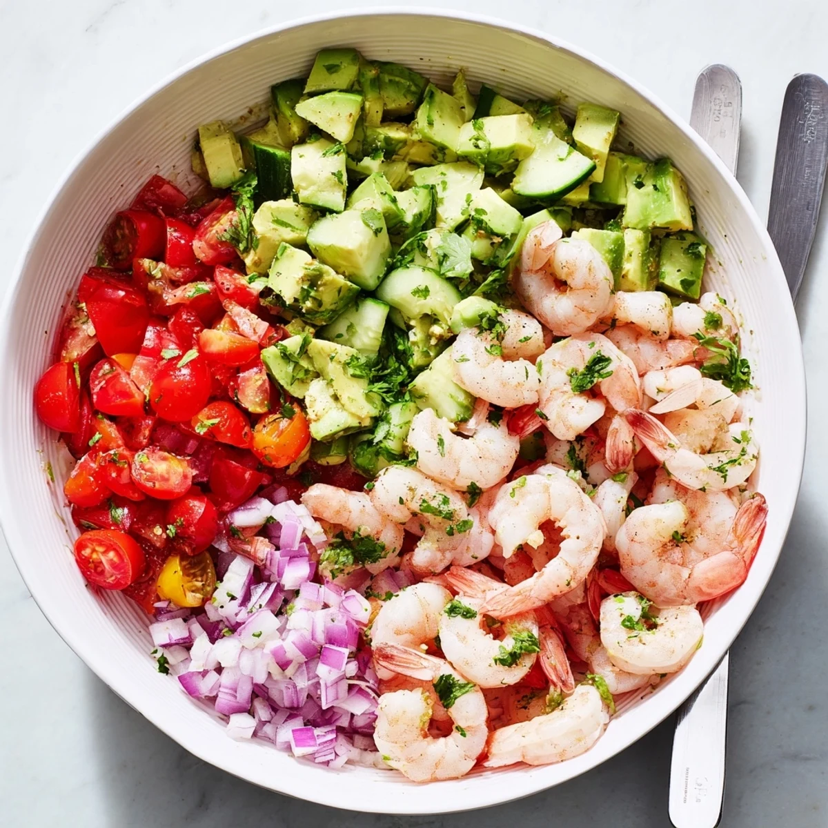 Overhead view of a Healthy Shrimp Avocado Salad served in a white bowl, showcasing diced cucumbers, red onion, and fresh cilantro on a bed of greens.