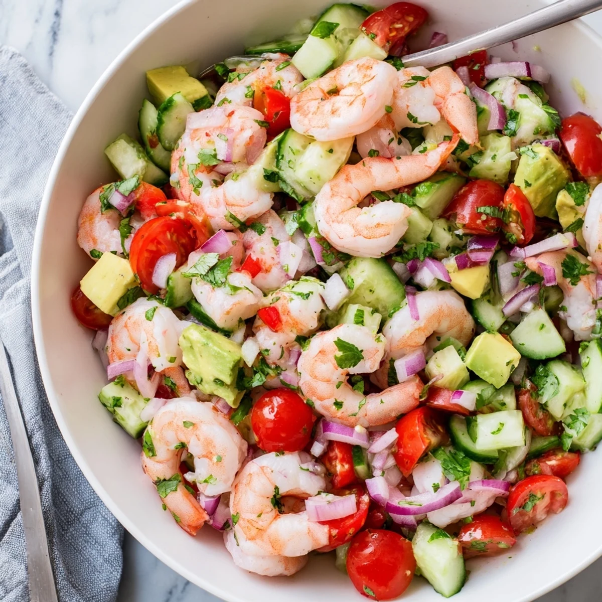 Healthy Shrimp Avocado Salad with succulent shrimp and avocado cubes mixed with bell peppers, ready for a light gluten-free lunch or dinner.