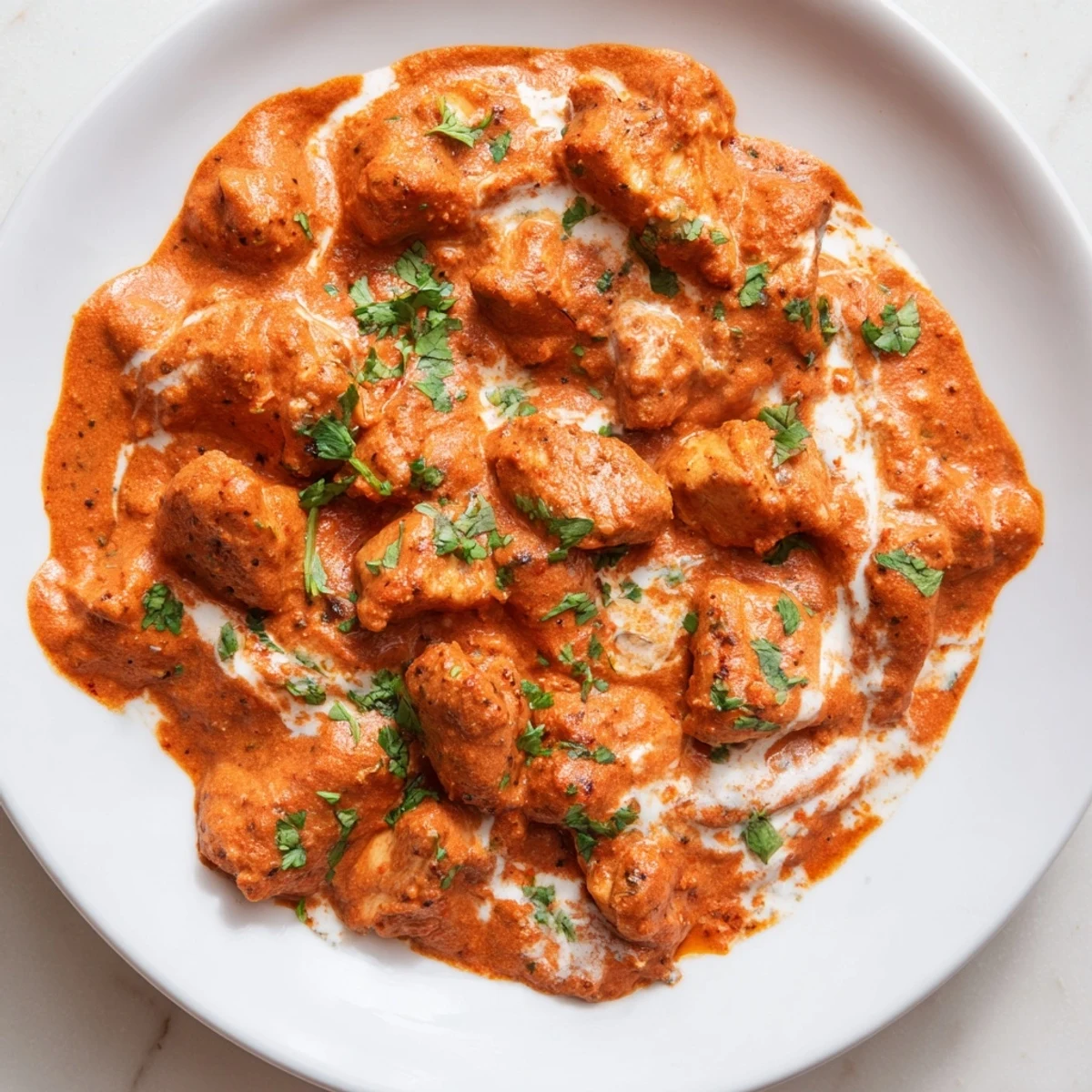 A close-up of creamy homemade Butter Chicken served in a white bowl over steamed basmati rice, garnished with fresh cilantro leaves and a wedge of lemon for a bright citrus aroma.