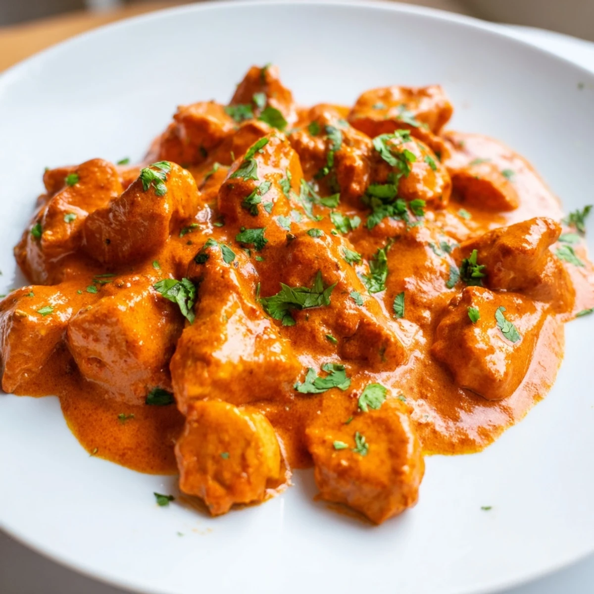 Sizzling, tender chicken pieces simmered in a rich, spiced tomato-cream sauce, showcasing the signature golden-orange hue of a classic weeknight Butter Chicken dinner.