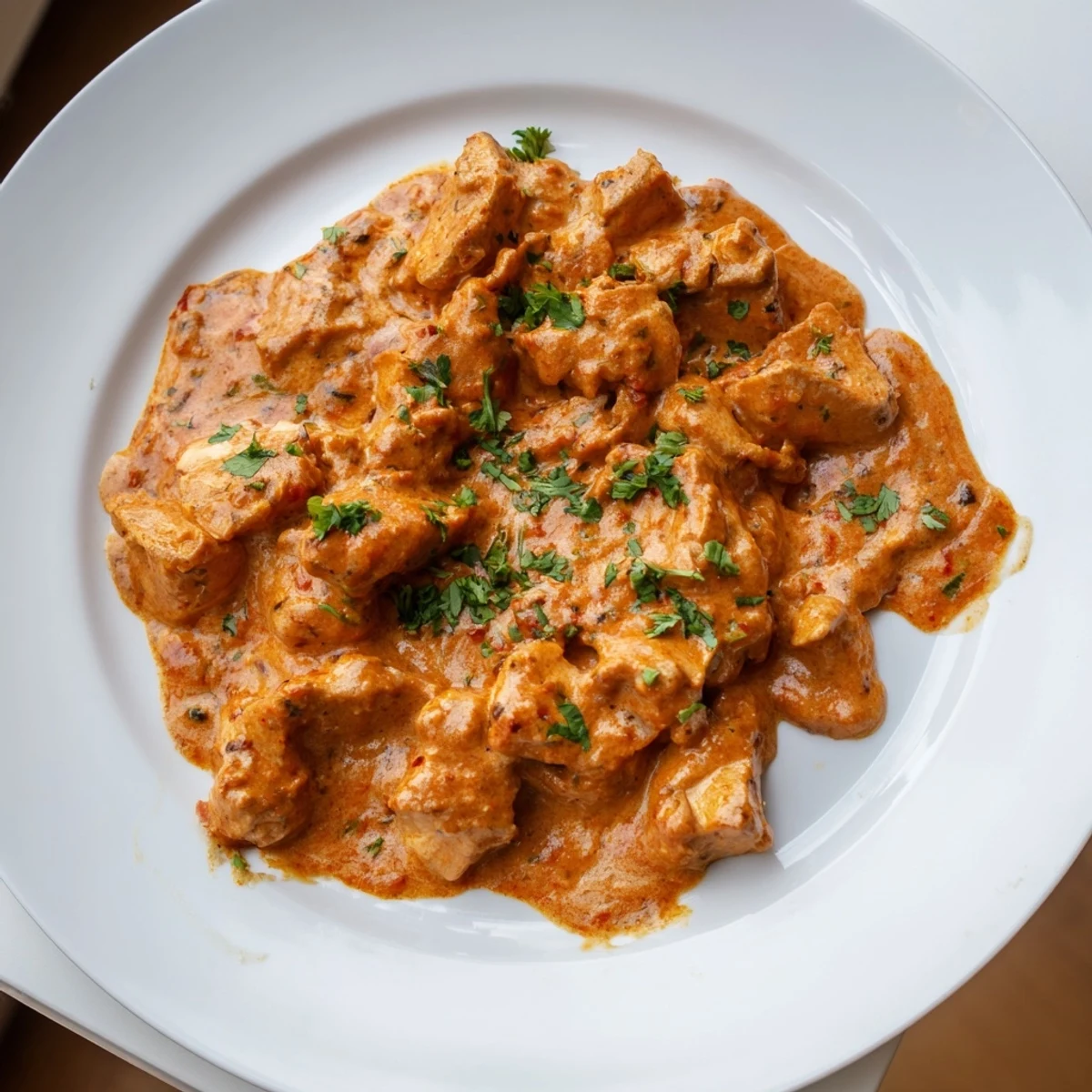 A rustic food photography setup featuring Butter Chicken in a cast-iron skillet, paired with fluffy naan bread and a side of basmati rice, ready for a family meal.