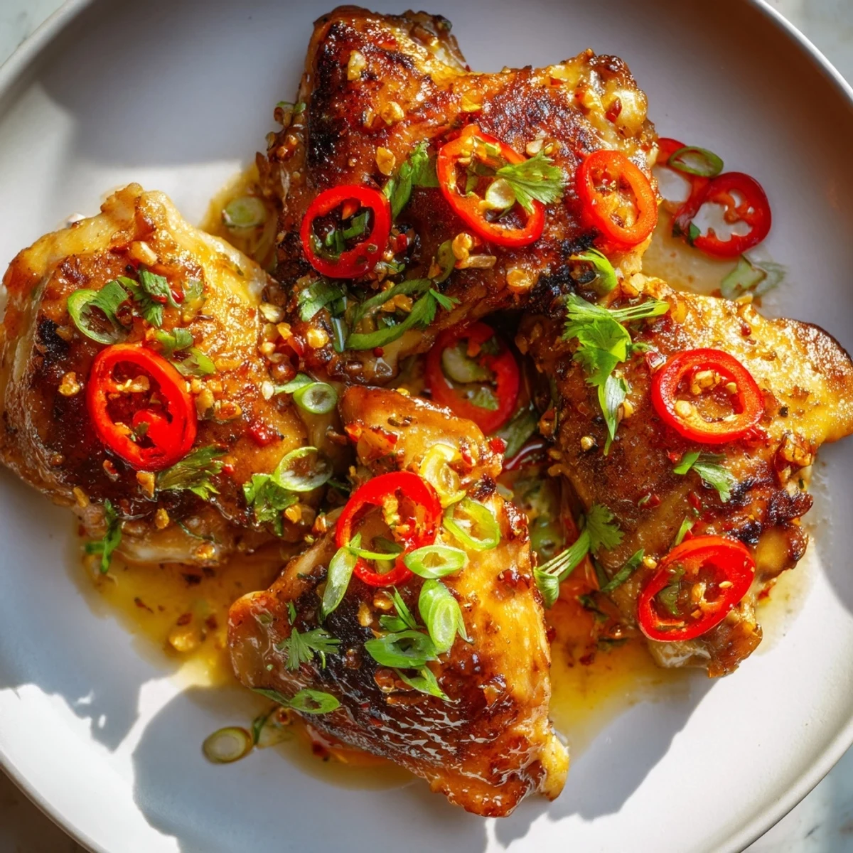 Juicy pieces of Vietnamese Lemongrass Chicken sizzle in a skillet, topped with fresh cilantro and sliced red chili for a vibrant, aromatic dish.