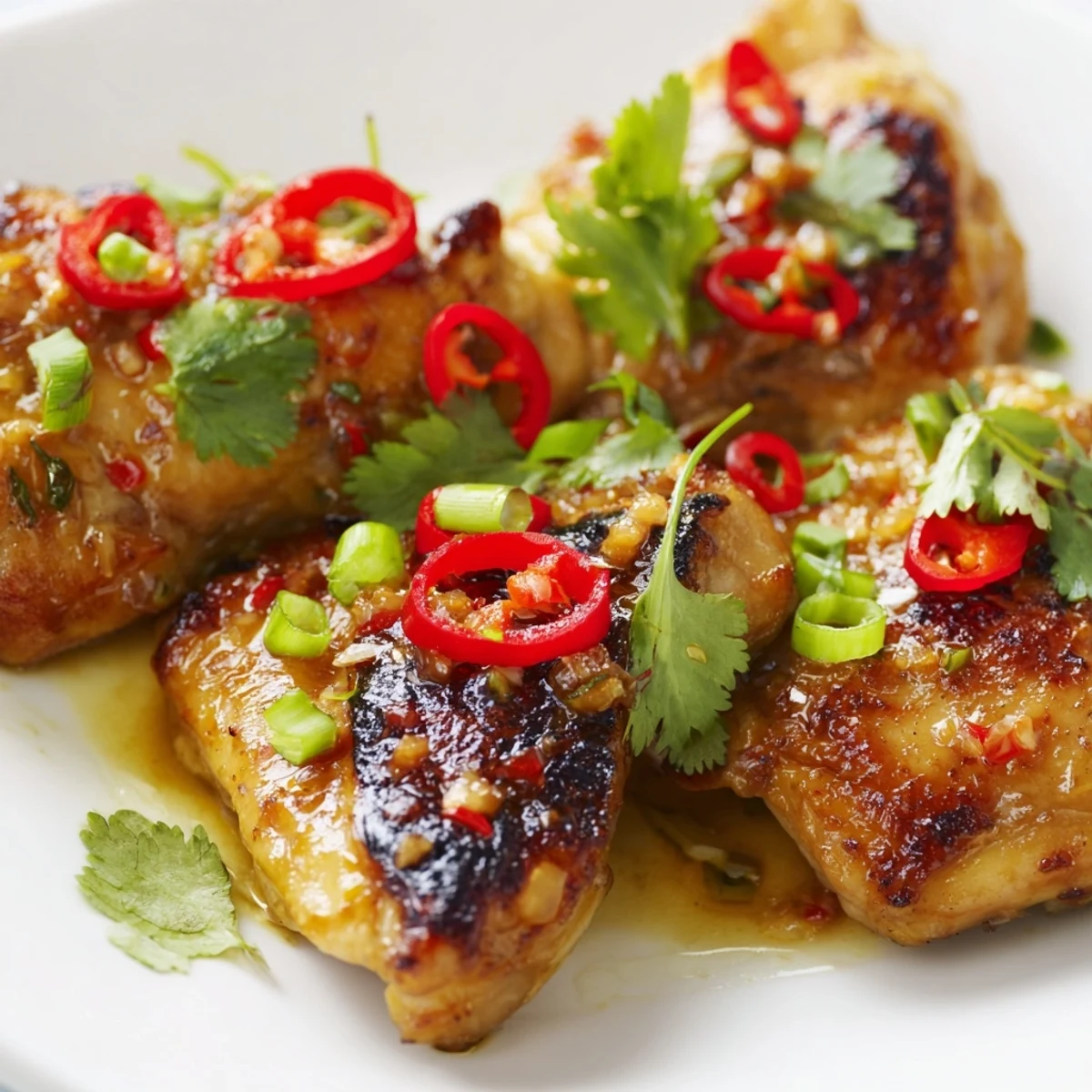 Succulent Vietnamese Lemongrass Chicken rests on a bed of fluffy jasmine rice, garnished with scallions and a wedge of lime for a zesty finish.