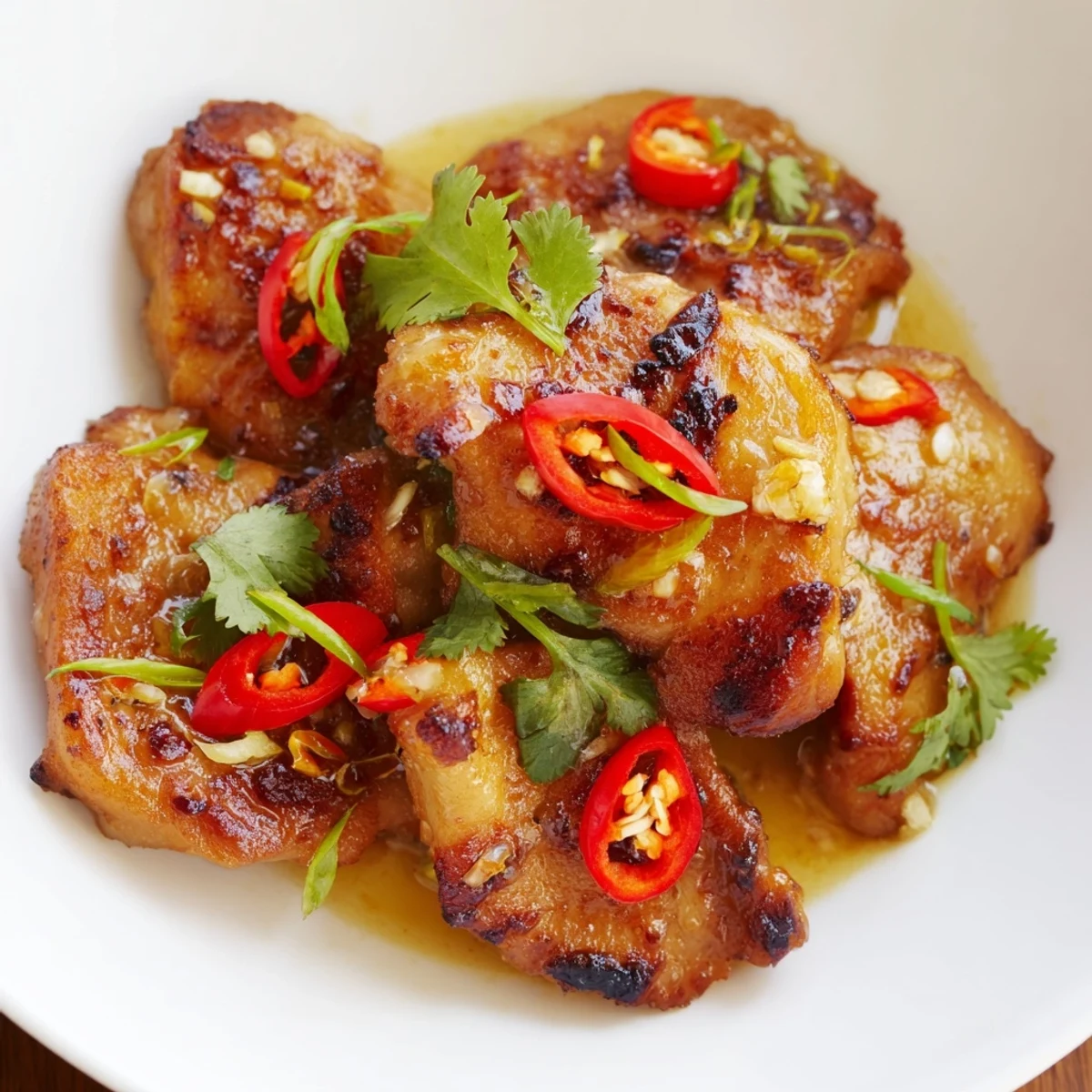 A close-up of tender Vietnamese Lemongrass Chicken reveals golden-brown edges and fragrant herbs, ready to be served over steamed vermicelli noodles.