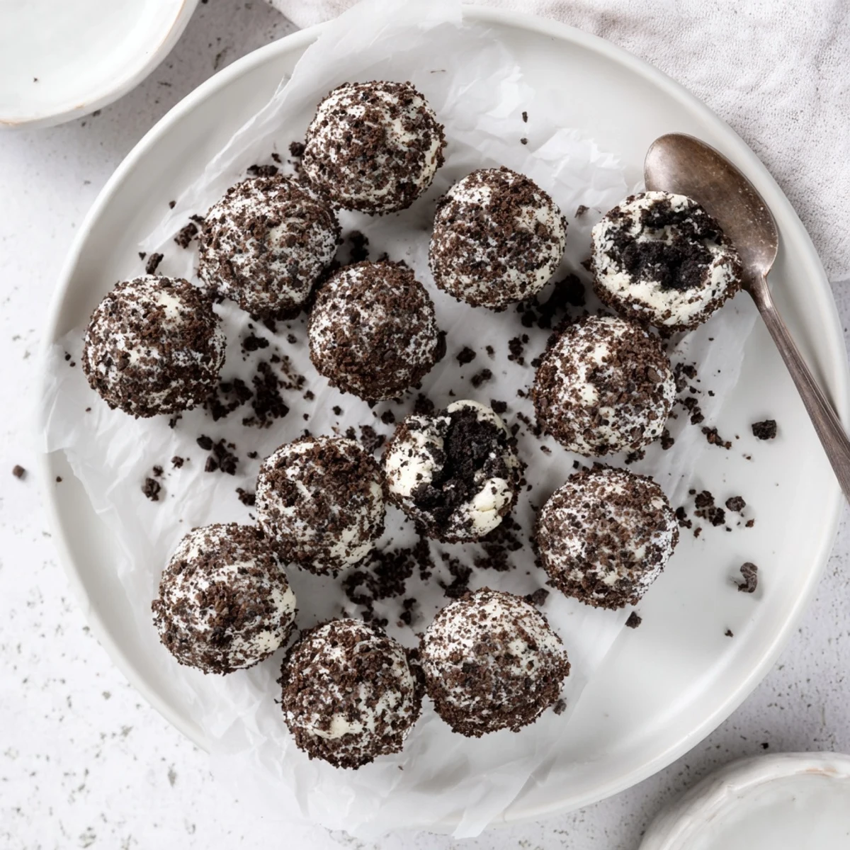 Freshly rolled Cream Cheese Oreo Protein Balls coated in crumbs are ready for a quick no-bake snack.