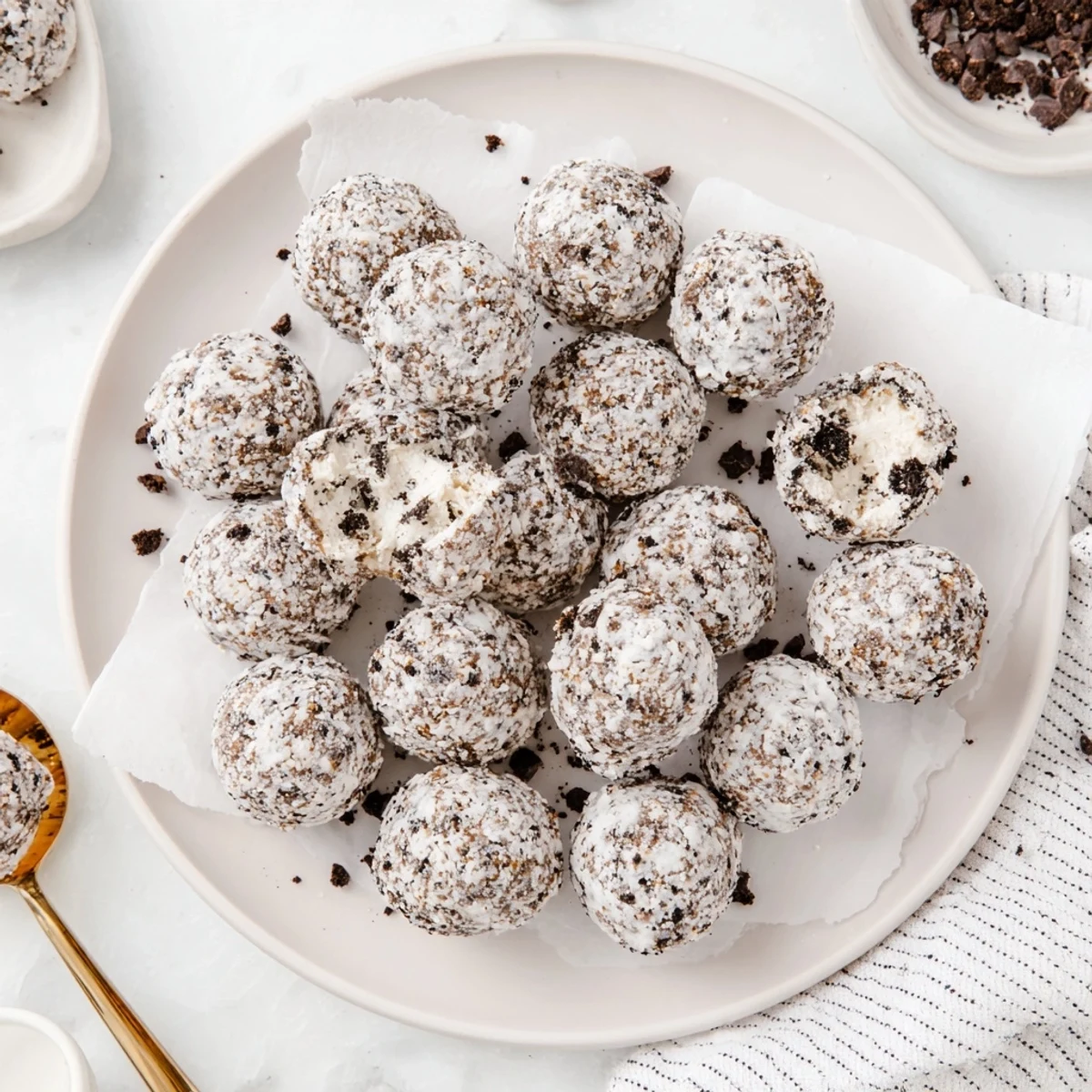Chilled Cream Cheese Oreo Protein Balls are served on a plate for a post-workout treat.