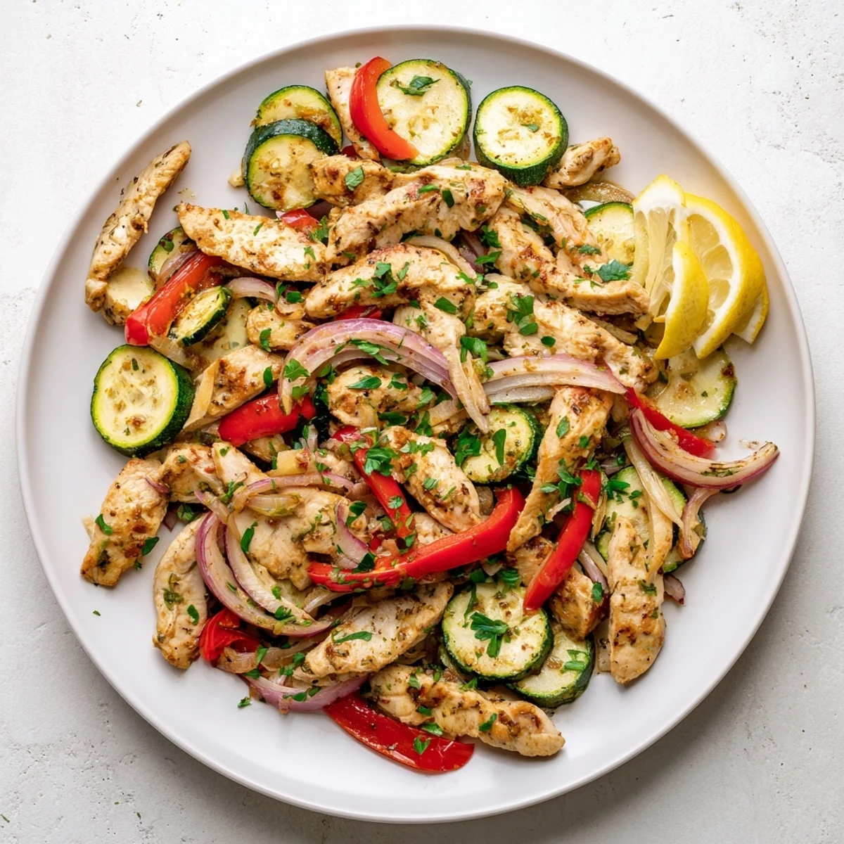 Golden chicken strips and colorful bell peppers in a Mediterranean Chicken Stir Fry, served hot in a skillet.