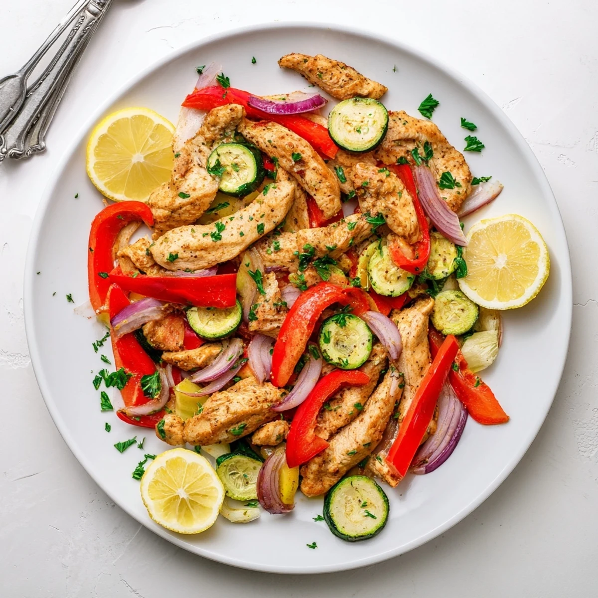 Sizzling Mediterranean Chicken Stir Fry in a wok, featuring tender vegetables and a bright, herb-infused aroma.