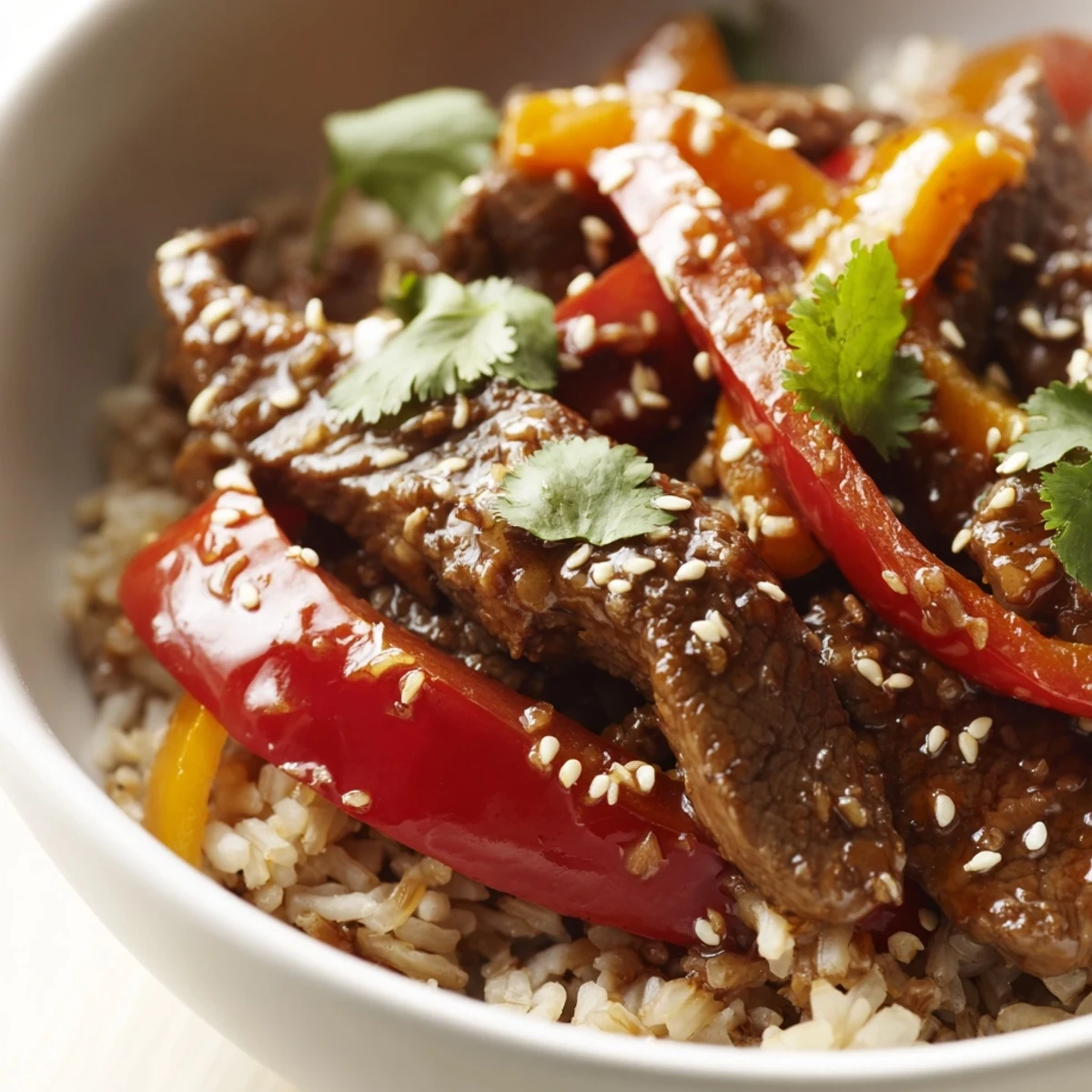 A close-up of Healthy Beef and Pepper Rice Bowl with tender beef strips and crisp colorful peppers on fluffy brown rice.