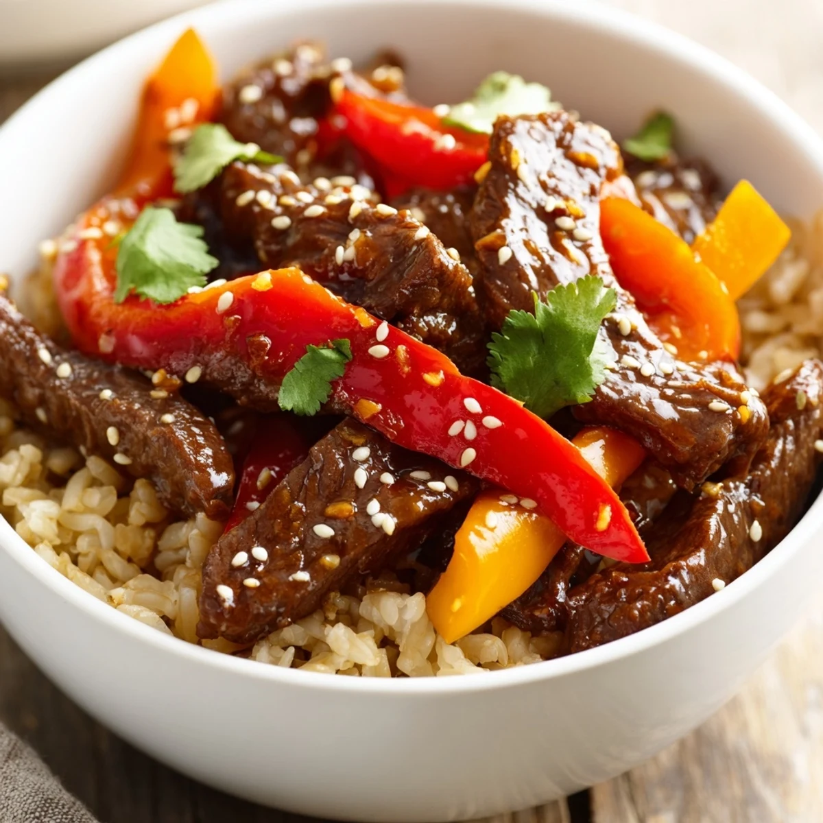 Savory Healthy Beef and Pepper Rice Bowl served in a ceramic bowl, garnished with sesame seeds and fresh spring onions.