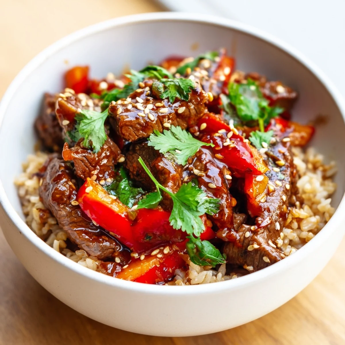 Healthy Beef and Pepper Rice Bowl on a rustic table, showing glossy garlic-ginger sauce coating beef and vibrant bell peppers.