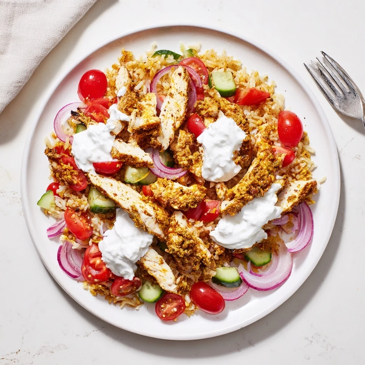 Golden crispy rice, spiced chicken, and fresh veggies topped with creamy yogurt in a Chicken Shawarma Crispy Rice Salad bowl.