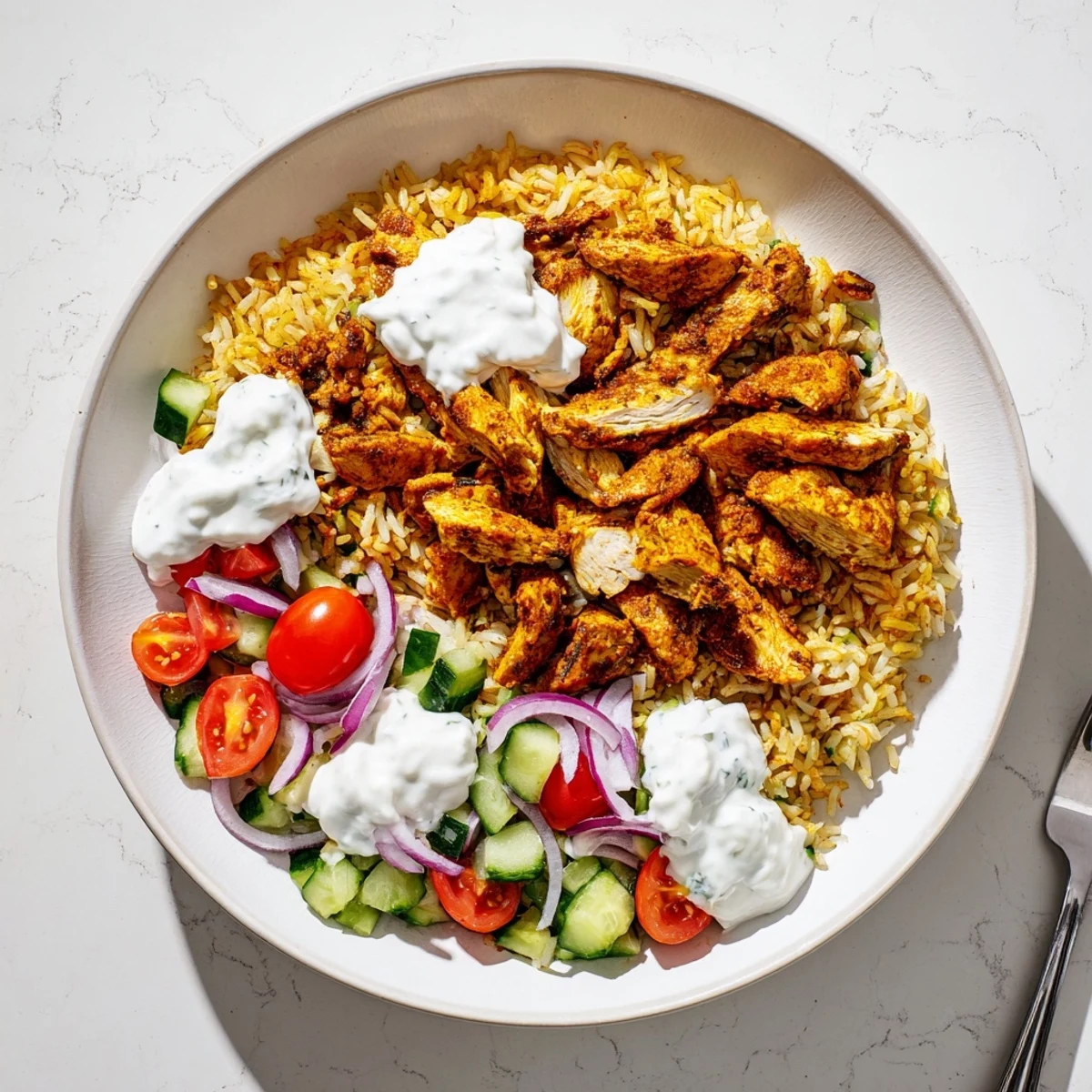 Colorful Chicken Shawarma Crispy Rice Salad served warm with diced cucumber, tomatoes, and red onion for a fresh dinner.