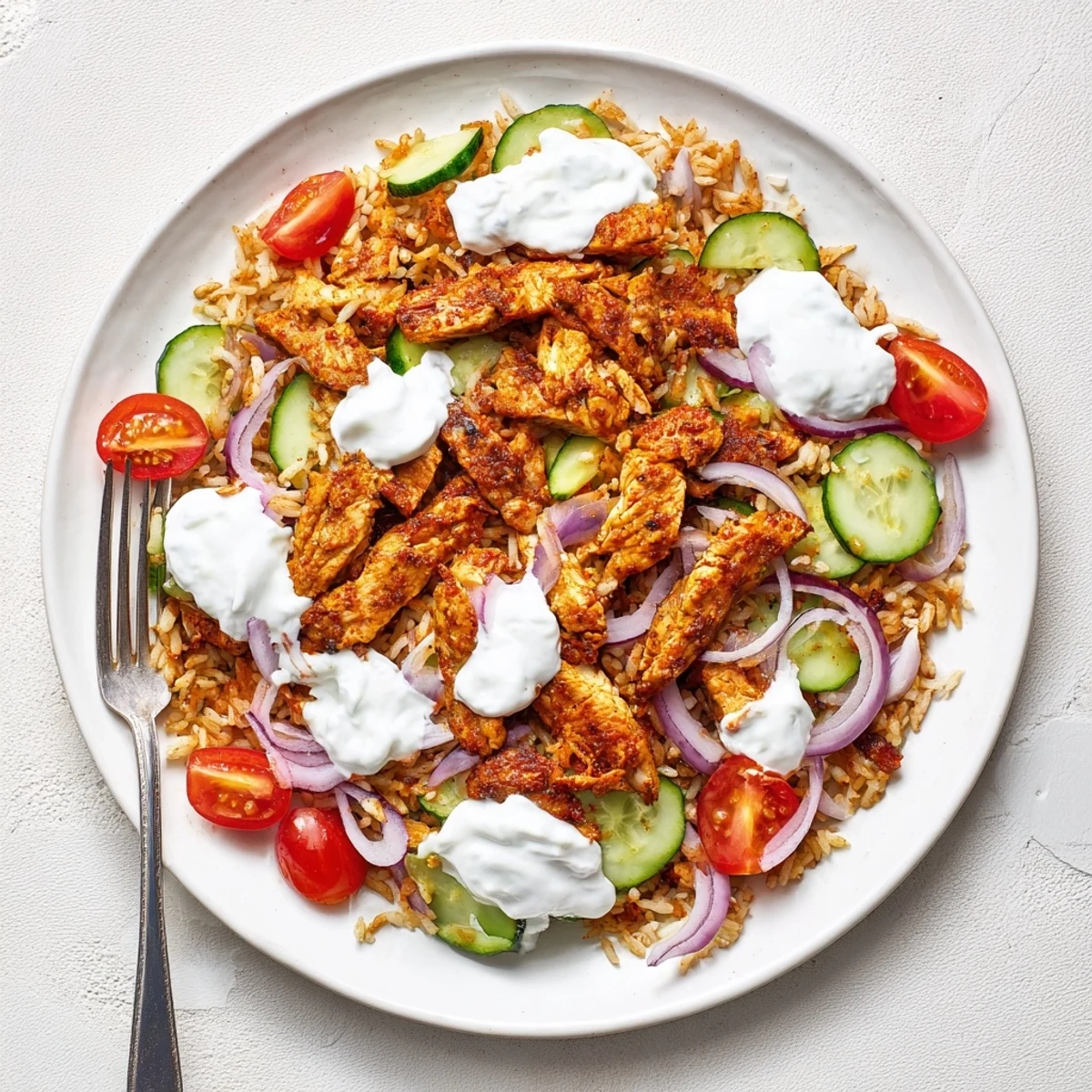 Brightly plated Chicken Shawarma Crispy Rice Salad with juicy chicken, crunchy basmati, and a dollop of Greek yogurt dressing.