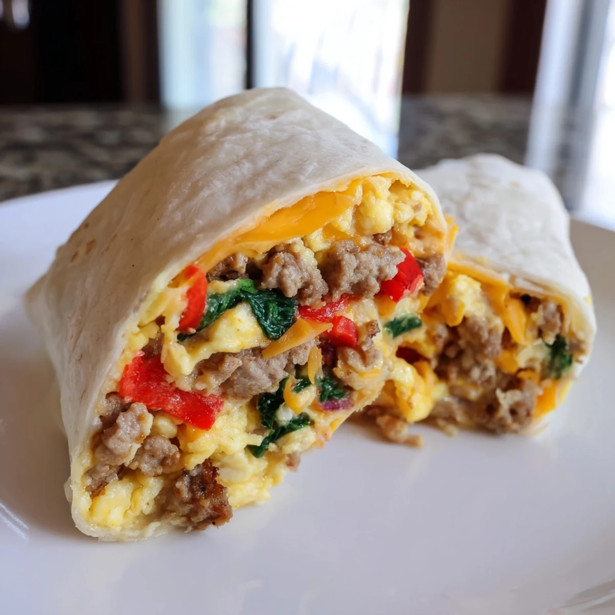 Warm Make-Ahead Breakfast Burritos filled with fluffy eggs, sausage, and melted cheese on a plate.