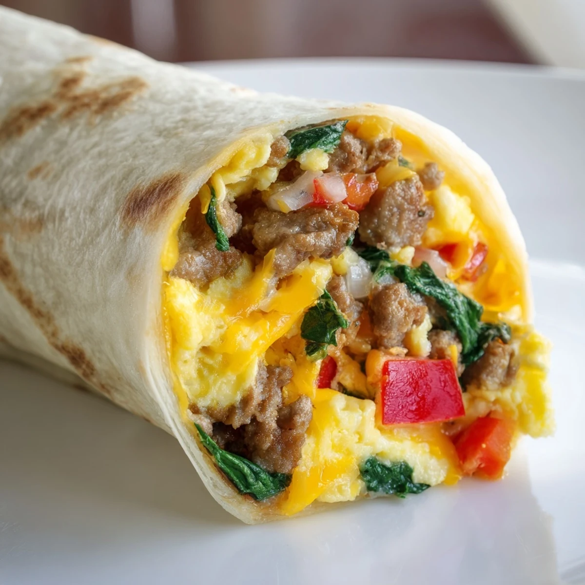 Wrapped Make-Ahead Breakfast Burritos with eggs, vegetables, and cheese, ready to reheat for busy mornings.