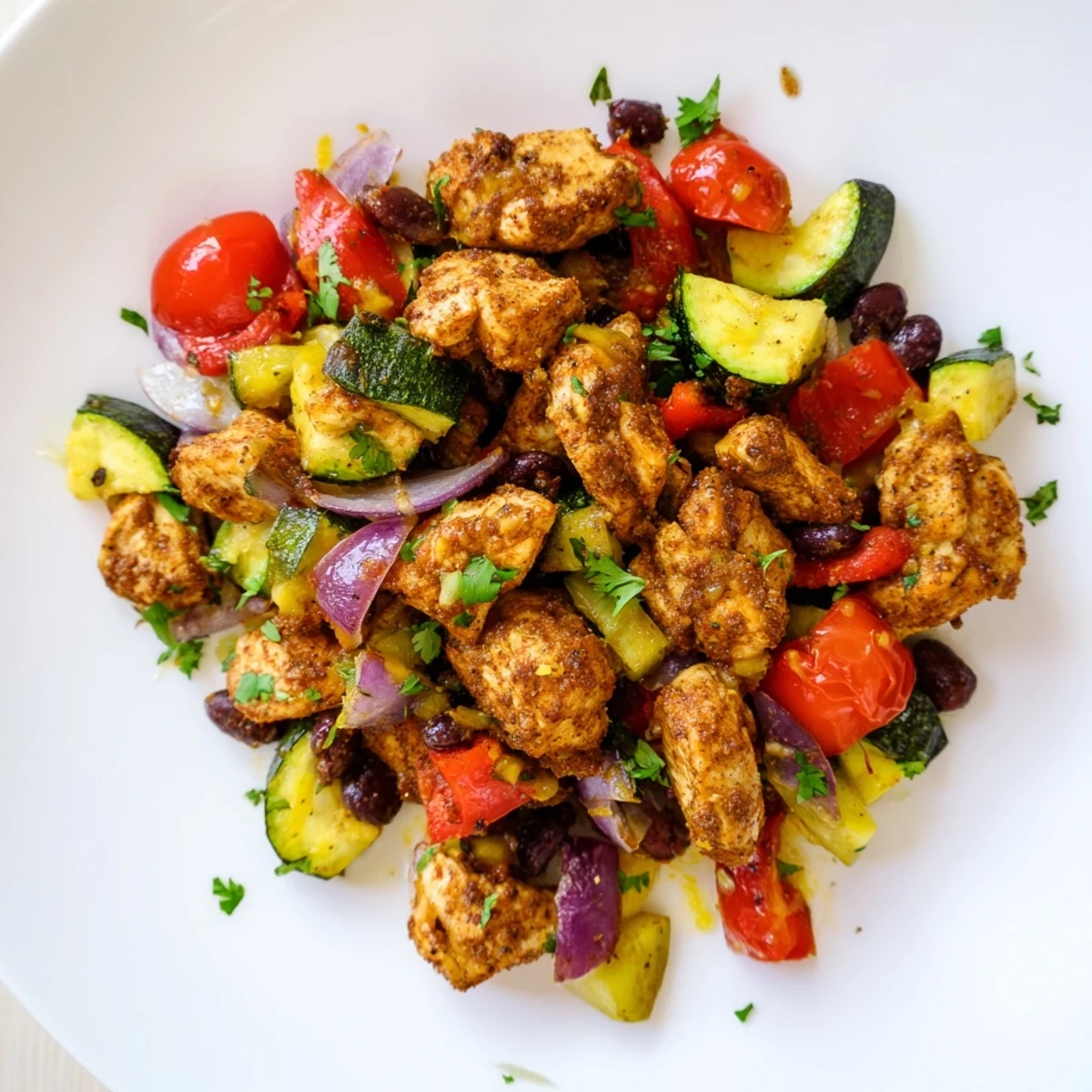 Golden sautéed Tex Mex Chicken and Zucchini with melted cheese, black beans, and cherry tomatoes in a skillet.