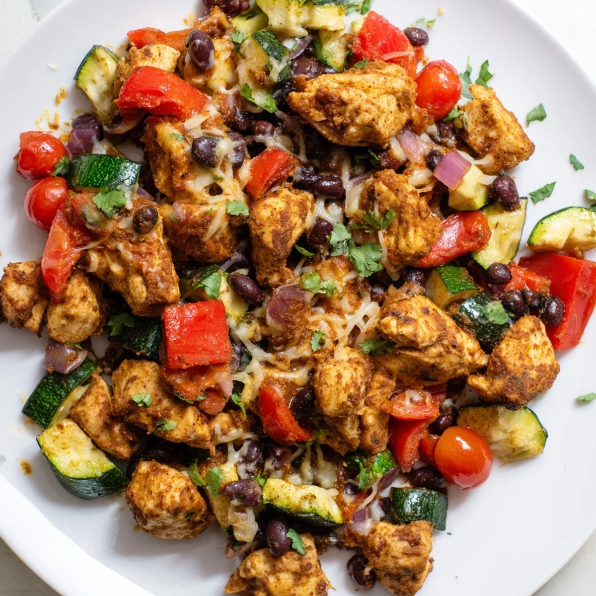 Spicy Tex Mex Chicken and Zucchini served with warm tortillas and fresh cilantro garnish on a platter.