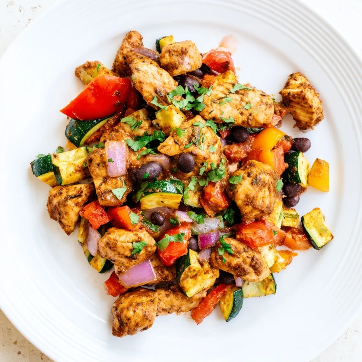 One-pan Tex Mex Chicken and Zucchini with tender zucchini, bell peppers, and juicy chicken pieces topped with melted cheese.