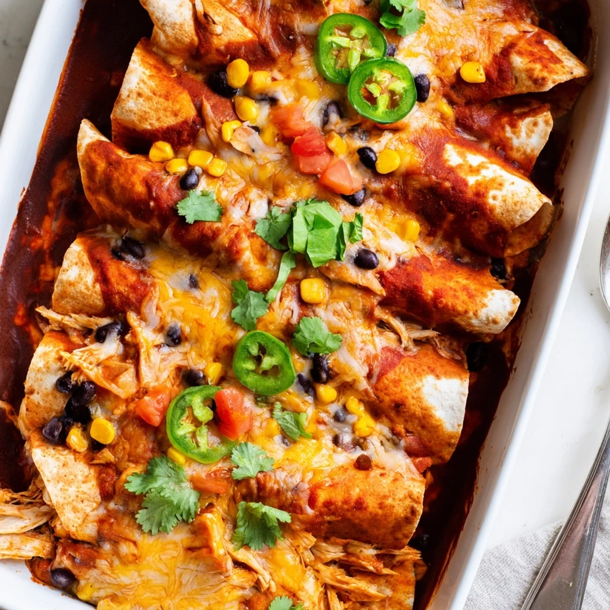 Freshly baked Chicken Enchiladas in a ceramic dish, smothered in red sauce and topped with sour cream.