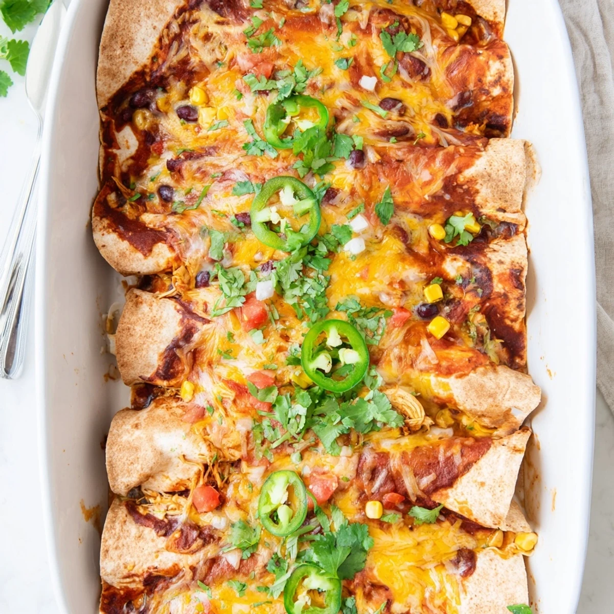 Soft flour tortillas stuffed with seasoned chicken and cheese, bubbling under a rich enchilada sauce.