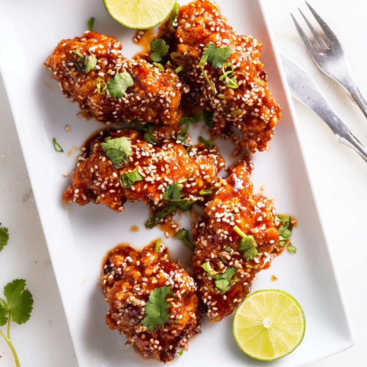 Thai Sticky Chicken Fingers tossed in tangy glaze served with lime wedges and fresh cilantro.