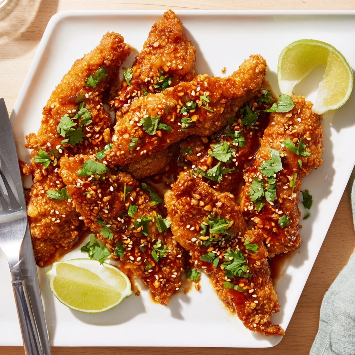 Crispy Thai Sticky Chicken Fingers arranged on a platter with dipping sauce for an appetizer.