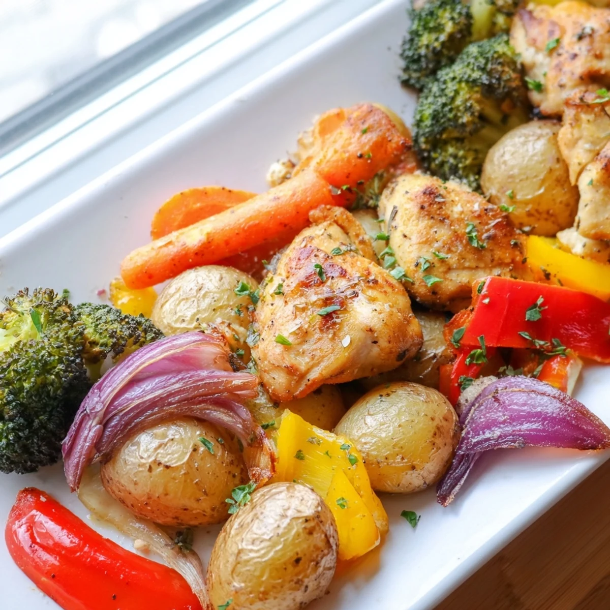Golden-brown Sheet Pan Lemon Herb Chicken and Vegetables roasted with tender potatoes, carrots, and zesty lemon wedges.